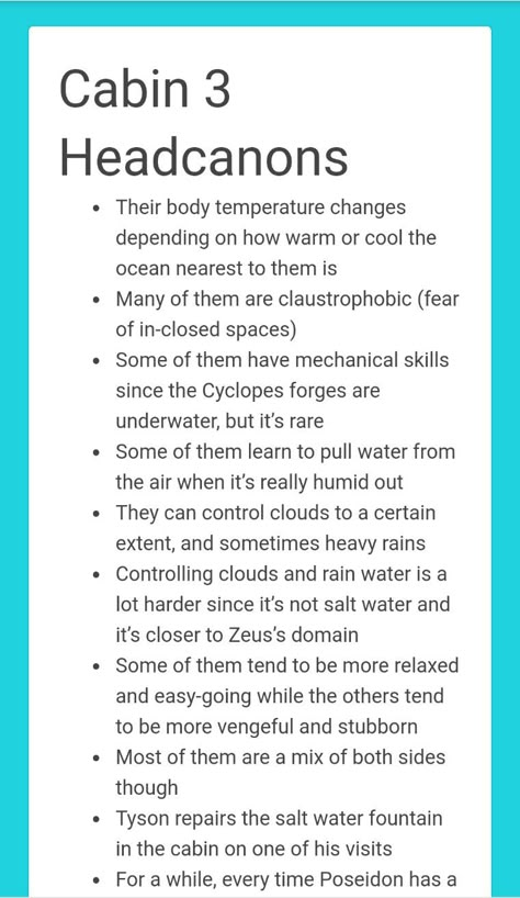 Cabin 20 Headcannons, Cabin 3 Aesthetic Pjo, Posiden Cabin Percy Jackson, Children Of Poseidon Headcanon, Child Of Poseidon Headcanons, Cabin 3 Headcanons, Zeus Cabin Headcanons, Percy Jackson Cabin Headcanons, Ares Cabin Headcanons