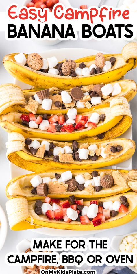 Banana Smores Camping, Banana Boats In Oven, Campfire Snacks Fire Pits, Banana Boats Camping, Camp Desserts, Campfire Banana Boats, Camping Treats, Banana Smores, Banana Boat Recipe