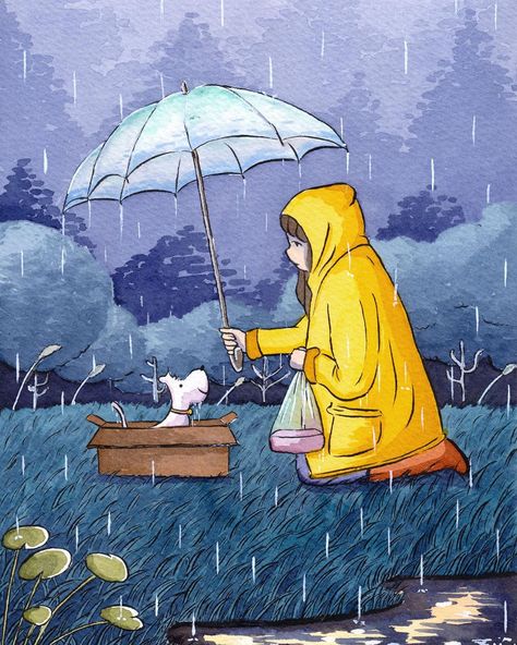 Yiniya on Instagram: ““Together in Rain” ink illustration is just finished! Unfortunately the illustration is a bit too long to fit into one Instagram screen so…” Rainy Day Drawing, Monkey Drawing, Rainy Day Aesthetic, Rain Painting, About A Girl, Ink Illustration, Seasons Art, 캐릭터 드로잉, Beginner Painting