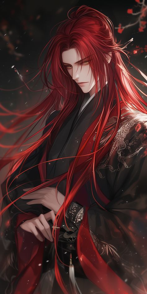 Dark Haired Man Art, Long Red Hair Men, Anime Men With Long Hair, Ancient Chinese Characters, Personajes Studio Ghibli, Persona Anime, Male Oc, Dark Anime Guys, Cool Anime Guys