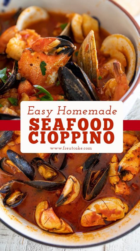 Seafood Cioppino Recipe Soup Recipes Seafood, Fish Stew Recipes Seafood, Cioppino Recipe Easy, Easy Cioppino, Italian Fish Stew, Italian Seafood Stew, Seafood Cioppino, Cioppino Recipe, Bisque Soup Recipes