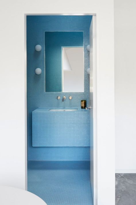 Clovelly Cabana – Briony Fitzgerald Design – Beautiful bespoke interiors designed with exceptional service Blue Tiled Bathroom, Australian Pool, Retro Blue Bathroom, Simple Architecture, Colourful Bathroom, Tiled Bathroom, Cane Dining Chairs, Recycled Brick, Architecture Bathroom