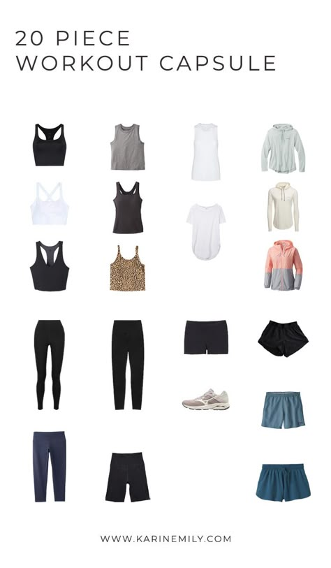 Workout Clothes Capsule, Workout Outfits Capsule, Capsule Fitness Wardrobe, Capsule Wardrobe Active Wear, Athleisure Minimalist Wardrobe, Workout Clothes Capsule Wardrobe, Minimalist Workout Wardrobe, Capsule Athletic Wardrobe, Minimal Workout Outfit