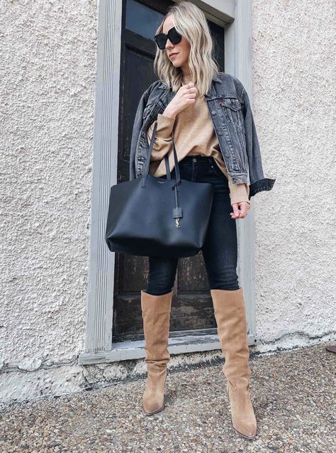 Tan Suede Knee High Boots, Outfits With Tan Knee High Boots, Tall Slouchy Boots Outfit, Tall Tan Suede Boots Outfit, Knee High Cowboy Boots Outfit Fall, Scrunch Boots Outfit, Tan High Boots Outfit, Tan Suede Knee High Boots Outfit, Tan Knee High Boots Outfit Winter