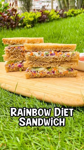 Moksha Jain | Fun & Easy Recipes on Instagram: "Rainbow Diet Sandwich✨ (Healthy meals pt.5🌱) Makes- 5 sandwiches Ingredients 1/2 cup thick yogurt 1/4 cup paneer 2 tbsp capsicum 2 tbsp carrots 2 tbsp cabbage Salt and pepper 1/2 tsp nutritional yeast @urbanplatter.in (optional) Half a cucumber, sliced 10 brown bread slices Method 1. Mix paneer, yogurt, capsicum, carrots, cabbage, salt, pepper and nutritional yeast (optional) in a bowl. 2. Take some brown bread slices and chop off the edg Brown Bread Sandwich Recipes, Brown Bread Sandwich, Diet Sandwich, Rainbow Sandwich, Rainbow Diet, Sandwich Healthy, Thick Yogurt, Sandwich Ingredients, Brown Bread