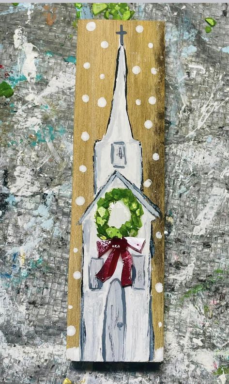 Painted Churches On Wood, Christmas Makes To Sell, Handpainted Christmas Ornaments, Christmas Canvas Art, Christmas Church, Wood Painting Art, Christmas Paintings On Canvas, Christmas Canvas, Christmas Wood Crafts