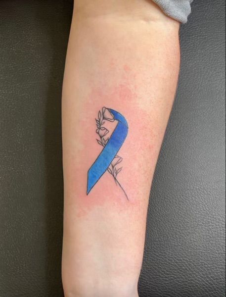 Flower And Ribbon Tattoo, Huntington's Disease Tattoo, Blue Ribbon Tattoo Ideas, Huntingtons Disease Tattoos, T1d Mom Tattoo, Rare Disease Tattoo, Teal Ribbon Tattoo, Orange Ribbon Tattoo, Awareness Ribbon Tattoo