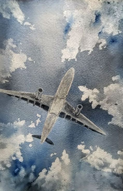 Watercolour painting Plane in the sky #plane #sky #clouds Plane In The Sky, Disney Princess Films, Plane Drawing, Airplane Painting, Airplane Drawing, Watercolor Clouds, Crow Art, Watercolor Sky, Airplane Art