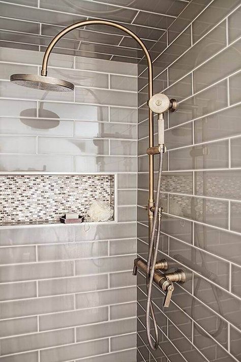 31+ Stunning Shower Tile Ideas For Your Bathroom 47 Mosaic Shower Tile, Exposed Plumbing, Tile Shower Niche, Gray Shower Tile, Makeover Kamar Mandi, Subway Tiles Bathroom, Farmhouse Shower, Tile Remodel, Shower Niche