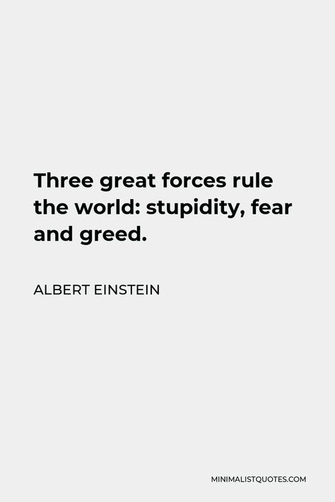 Albert Einstein Quote: Three great forces rule the world: stupidity, fear and greed. Greed Quotes, Honest Truth, Rule The World, Albert Einstein Quotes, Character Quotes, Einstein Quotes, Memorable Quotes, Empowerment Quotes, Philosophy Quotes