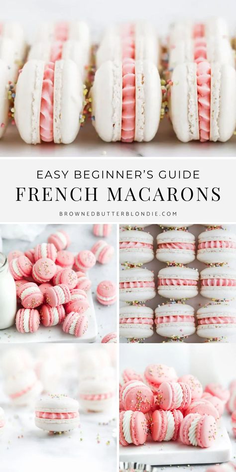 Delicate almond cookies with soft and chewy centers and filled with a swirl of sweet buttercream. These dainty french classics are easy to make with this beginner’s guide to French macarons. | Browned Butter Blondie Macaroons Easy Recipe, Wedding Shower Macarons, Swiss Macarons Recipe, Macaroon Recipes For Beginners, Fancy Macarons, Decorating Macarons, Macaron Filling Recipe, French Macarons Flavors, French Butter Cookies