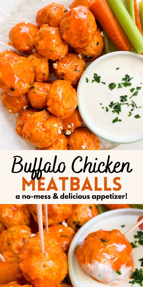 Baked Meatballs, Buffalo Chicken Meatballs, Baked Buffalo Chicken, Chicken Meatball Recipes, Chicken Meatballs, Buffalo Sauce, Buffalo Wings, Ground Chicken, Easy Weeknight