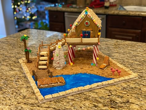 Beach Gingerbread House, Gingerbread Beach House, Tiki Hut Bar, Gingerbread Themed Christmas, Gingerbread House Inspo, Gingerbread Contest, Gingerbread House Contest, Homemade Gingerbread House, Gingerbread House Candy