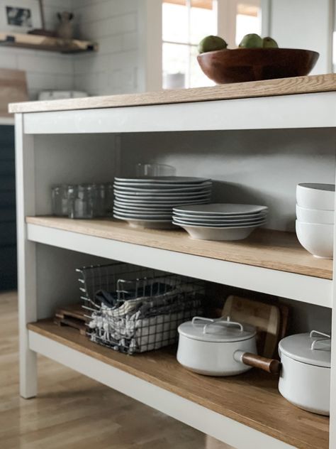 Storage On Top Of Kitchen Cabinets, Open Bottom Kitchen Cabinets, Open Cupboards Kitchen, Open Lower Kitchen Cabinets, Open Base Cabinets, Kitchen Cabinets Open, Affordable Barndominium, Solo Esthetician, Bathroom Halloween