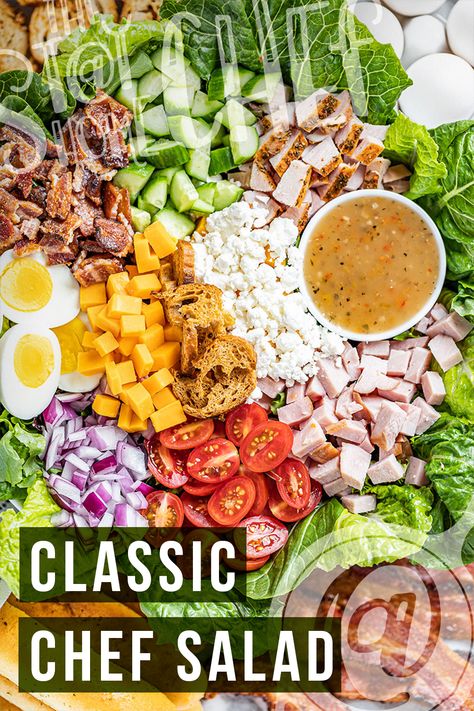 This image contains: A classic chef salad with various vegetables, cheese, meats, and a delicious dressing Chef Salad Recipes For Dinner, Best Chef Salad Recipes, Easy Chef Salad, Chopped Chef Salad, Chefs Salad Recipes, Chef Salad Recipes Classic, Salad Recipes With Meat, Salads With Meat, Chef Salads