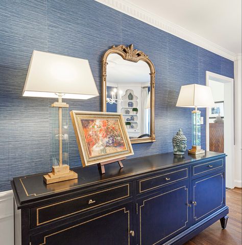 Contrast Trim Dining Room, Navy Buffet Sideboard Dining Room, Traditional Dining Room Wallpaper, Navy And White Dining Room, Buffet Lamps Dining Room, Dining Room Buffet Styling, Navy Blue Dining Room, Navy Dining Room, Clear Lamps