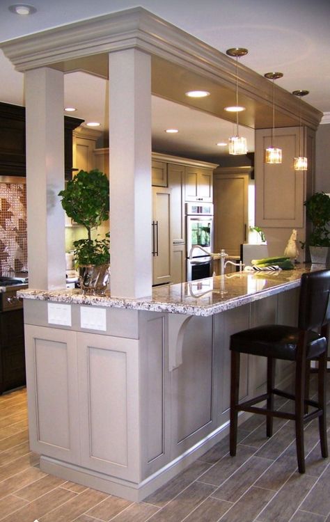 Island with support columns Kitchen With An Island, Galley Kitchen Remodel, Galley Kitchen, Kitchen Farmhouse, Kitchen Redo, Trendy Kitchen, Large Kitchen, Kitchen Remodel Idea, Kitchen Makeover