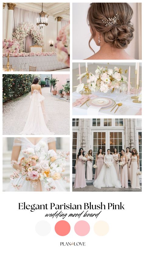 Blush Pink Wedding Palette, Light Pink Color Palette Wedding, Neutral Pink Color Palette Wedding, Pink Wedding Mood Board, Wedding Mood Board Color Palettes, Ballet Pink Wedding Color Palettes, Pink Mood Board, Neutral Wedding Palette, Parisian Wedding Theme