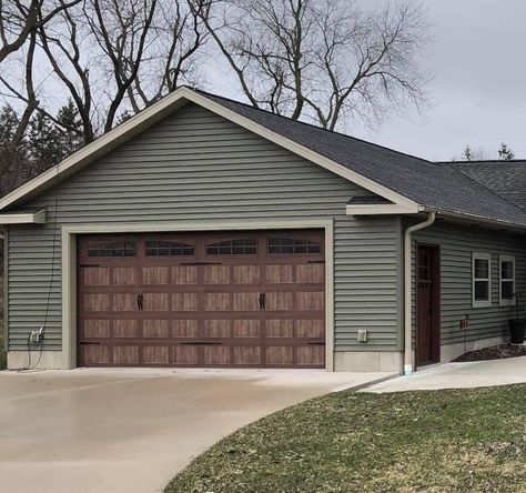 Sage Green Garage, Sage Siding, Green Siding House, Sage Green House, Green Siding, Garage Door Colors, House Siding, House Paint, House Paint Exterior