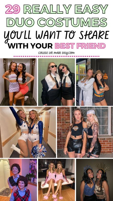 cute bff duo costume ideas for Halloween with 2 girl friends, collage of funny, easy, and hot Halloween costumes Dynamic Duo Date Party Costume Ideas, Duo Halloween Costumes Opposites, Costume For 2 Best Friends, Black And White Duo Halloween Costume, Alien Duo Costume, 2 Women Costume Ideas, Simple Halloween Costumes For Duos, Halloween Costumes Two Brunettes, Blonde Best Friend Halloween Costumes