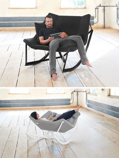 12 Comfy Chairs Perfect For Relaxing In // This rocking chair is wide enough for two people but makes for an excellent lounging chair when you're getting comfy by yourself. Lounging Chair, Wooden Office Chair, Relaxing Living Room, Fluffy Cushions, Chair Makeover, Diy Chair, Comfy Chairs, Bedroom Chair, Cool Chairs