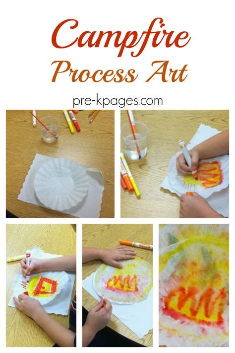 A fun process art exploration for a camping theme; for preschool, pre-k, and kindergarten classrooms. Campfire art using washable markers, coffee filters, and water. Pre-K art activity. Campfire Art, Camping Week, Preschool Camping, Theme For Preschool, Camping Preschool, Camping Theme Preschool, Kindergarten Classrooms, Camping Classroom, Pirate Activities