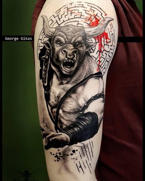 Minotaur Tattoo, Fear And Trembling, Taurus Tattoos, 100 Tattoo, The Minotaur, Just Ink, Very Angry, Calf Tattoo, Classic Tattoo