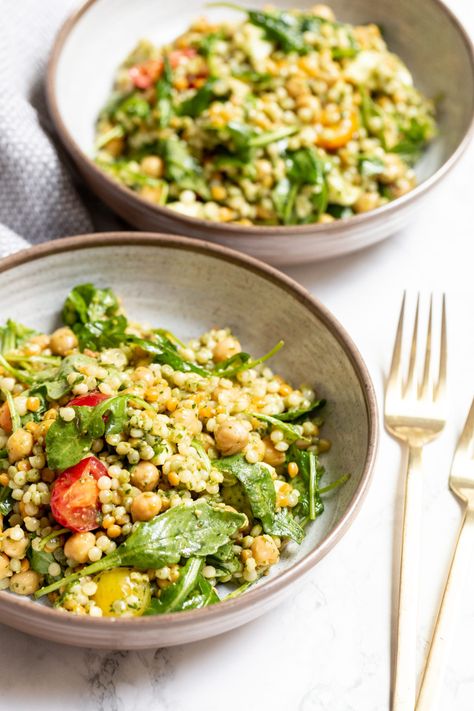 Inspiralized: Pesto Caprese Couscous Salad with Chickpeas Couscous Salad With Chickpeas, Inspiralized Recipes, Mediterranean Couscous Salad, Pearl Couscous Salad, Pesto Zucchini Noodles, Pinterest Png, Salad With Chickpeas, Pesto Salad, Couscous Salad