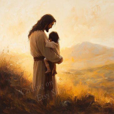 JESUS CARRYING a CHILD Fine Art Print Christ With Baby Jesus Wall Art Christian Gift for Mother Christening Gift for Loving Christian Family called "I Will Carry You." You will receive a beautiful Fine Art Giclee Archival Print of my artwork of Jesus that I call "I Will Carry You." He is holding this sweet baby in his arms with the love of God. This is such an inspirational piece for Christian family or anyone who loves children. This is a SQUARE image and you can select from a number of differe Jesus Holding Baby, Visio Divina, Bible Highlights, Saint Michael Angel, Church Artwork, Biblical Artwork, Jesus Wall Art, Christian Family, Jesus Christ Artwork