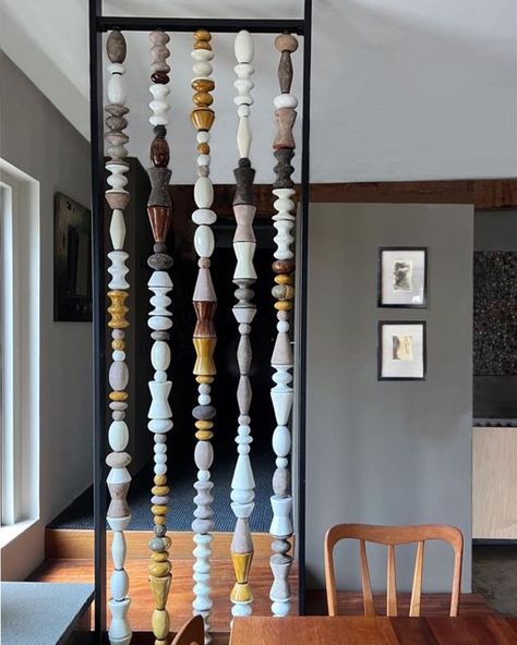 Christopher Russell on Instagram: "My Abacus Screen. A variety of ceramic elements strung on steel rods, presented in a powder coated steel frame. Available by commission, the piece is very flexible in its design and dimensions. 👉 My father was an architect. When he designed our house, he put a screen between the dining area and the living room. Remembering it, I understand how it completely transformed that space, opening it up to light, air and movement. I want the Abacus Screen to do that.👈 Christopher Russell, Everson Museum, Partition Screen, Latest Living Room Designs, Mirror Design Wall, Living Room Partition, Room Partition Designs, Syracuse Ny, Partition Design