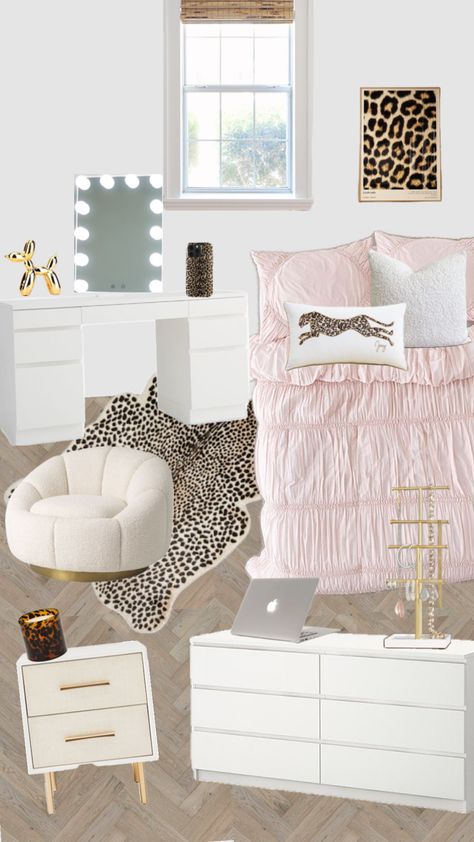 cheetah glamour room #cheetah #roominspo #glamour #cheetahprint Master Bedrooms Decor Leopard, Cute Room For Teenagers, Room With Silver Accents, Pink Cheetah Bedroom Ideas, Teen Room Aesthetics, Glamour Room Ideas Bedrooms, Pink And Gold Aesthetic Room, Lepord Room Idea, Pink Dorm Decor Ideas