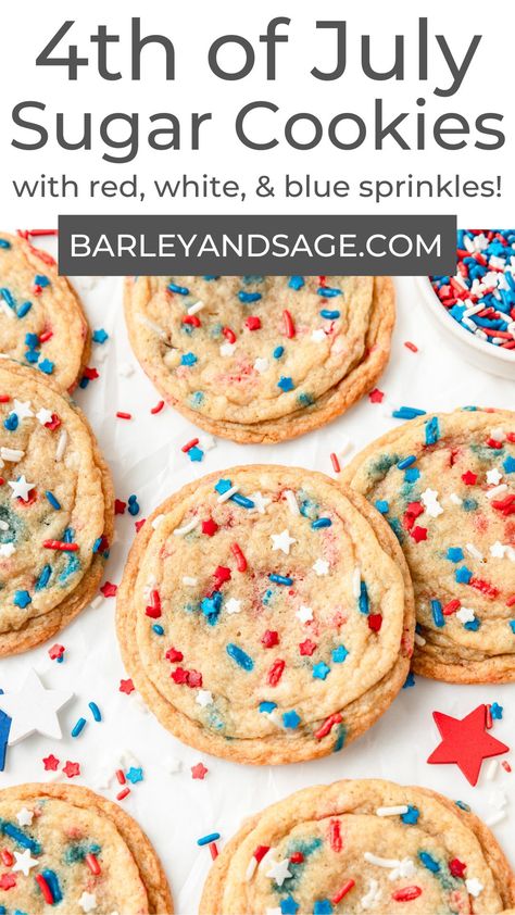 These soft and chewy 4th of July sugar cookies are made with patriotic red, white, and blue star sprinkles for an easy, kid-friendly cookie! Red White And Blue Sugar Cookies, Red White And Two Cookies, 4th Of July Baked Goods, Red White And Blue Cookies, Firecracker Cookies, Fourth Of July Cookies, Kid Friendly Cookies, 4th Of July Cookies, Cookies With Sprinkles