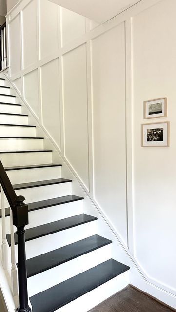 Jeralyn Conklin on Instagram: "Here is the highly requested tutorial on how we did the stairs! Sorry I didn’t post it sooner! I hope it helps! More details can be found in my “stairs” highlight and all of the materials and costs are in a previous reel! #diy #diyprojects #diyersofinstagram #howto #tutorial #homeimprovement #homerenovation #stairs #entryway #entrywaydesign #interiordesign #homeinterior #homesweethome" Diy Wall Molding Stairs, Stairwell Wainscoting Staircases, High Wainscoting Hallway, Basement Stairwell Wainscotting, Wainscoting Ideas Stairs Stairways, Basement Stair Remodel, Paneling Up Stairs, Board And Batten On Stairs, Diy Stairwell Makeover