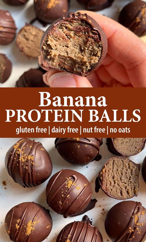 These healthy banana protein balls have a soft banana filling that's coated in a rich chocolate shell. They are only sweetened with banana (no sugar added), paleo, vegan, nut free and oat free. These banana protein balls are great for a protein packed snack or low carb dessert. Banana Protein Balls, Protein Balls Vegan, Clean Eating Dessert, Protein Dessert Recipes, Bake Banana, Protein Balls Recipes, Dessert Healthy, Healthy Protein Snacks, Paleo Banana