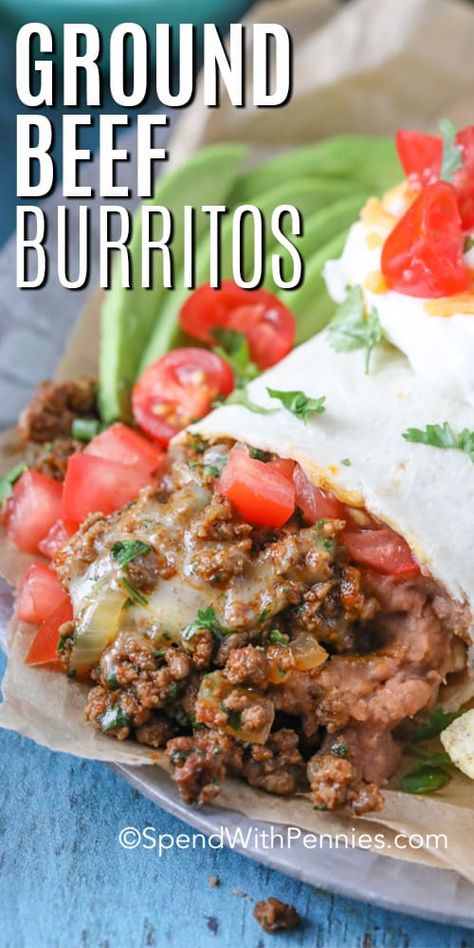 Ground burritos are a quick and easy weeknight meal. Made with taco seaosning, ground beef, and tortilla, this classic recipe is easily customizable with your favorite toppings! Just load them in, fold this burrito like a pro, and enjoy your Mexican ground beef burrito! #spendwithpennies #groundbeefburrito #burritorecipe #Mexican #groundbeefrecipe #burrito Ground Beef Fajitas Recipes, Healthy Burritos Recipe, Ground Beef Tortilla Wraps, Burrito Filling Ground Beef, Best Ground Beef Burrito Recipe, Mexican Beef Burrito Recipes, Recipe For Burritos Ground Beef, Beef Burittos Recipes Easy, Burittos Recept