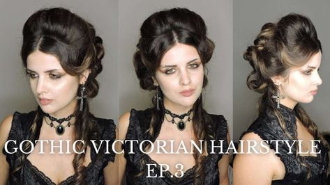 Gothic Formal Hairstyles, How To Do Victorian Hairstyles, Victorian Updo Tutorial, Victorian Steampunk Hairstyles, Vampire Hair Updo, Victorian Half Up Half Down Hair, Victorian Half Up Hair, Elegant Gothic Hairstyles, Victorian Hairstyles Half Up