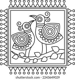 Vector Folk art ornament with birds, animals, leaves, and flowers, Indian designs, and composition. Kalamkari, Madhubani motives for textile printing, logo, wallpaper Paisley Vector, Bengal Art, Folk Art Ornament, Vector Line Art, Gond Painting, Arte Folk, Kalamkari Painting, Lippan Art, Indian Art Gallery