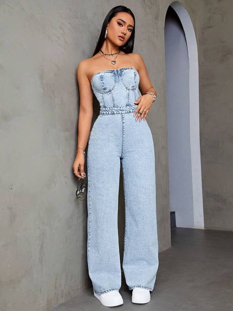 Dark Wash Casual Collar Sleeveless Denim Plain Tube Embellished Medium Stretch Women Clothing Denim Jumpsuit Outfit, Outfits Blazer, Semi Formal Outfit, Tube Jumpsuit, Looks Country, Shein Icon, Style Makeover, Jumpsuit Outfit, Spring Summer Dress