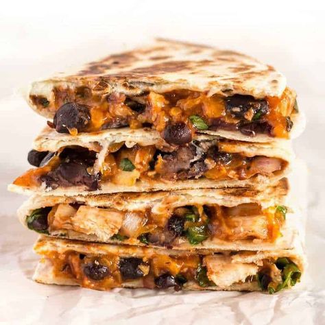 These Ultimate BBQ Chicken Quesadillas are packed with colorful ingredients and deliciously tangy BBQ sauce! #ad BudgetBytes.com Bbq Chicken Quesadilla, Healthy College Meals, Backyard Bbq Food, Chicken Quesadilla Recipe, Quick Chicken Recipes, Cheap Recipes, Budget Bytes, Pre Cooked Chicken, Quesadilla Recipes