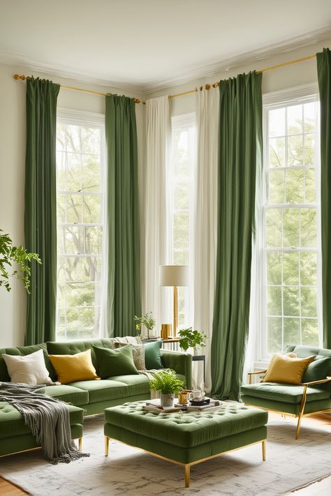 20 Forest Green Living Room Ideas That Will Blow Your Mind – The Crafty Hacks Home Decor Curtains Living Room, Curtain Green Living Room, Curtains To Go With Green Walls, Green And Pine Living Room, Green Couch Curtain Ideas, Curtain Inspo Living Room, Green Curtains Living Room Ideas, Living Room With Green Curtains, Living Room Green Curtains