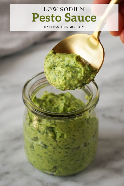 Make your own low sodium pesto sauce right at home. It’s full of fresh ingredients like basil, spinach and garlic. There’s no cooking required and comes together in less than 10 minutes. It’s perfect for your summer grilling and weeknight dinners! You can add it to your favorite homemade pasta dishes, protein, pasta salads, and more with this versatile spinach pesto. Low Sodium Pesto, Homemade Pasta Dishes, Spinach Pesto Recipe, Pesto Uses, Sodium Foods, Avocado Pesto Pasta, Healthy Pesto, Homemade Pesto Sauce, Cilantro Pesto