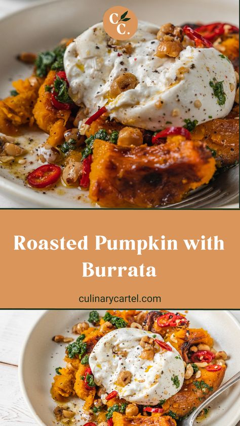 Healthy Autumn Recipes Clean Eating, Fall Burrata Recipe, Autumn Burrata Salad, Autumn Starter Recipes, Healthy Italian Vegetarian Recipes, Autumn Dishes Recipes, Baked Pumpkin Recipes Dinner, Autumn Harvest Recipes, Festive Vegetarian Recipes