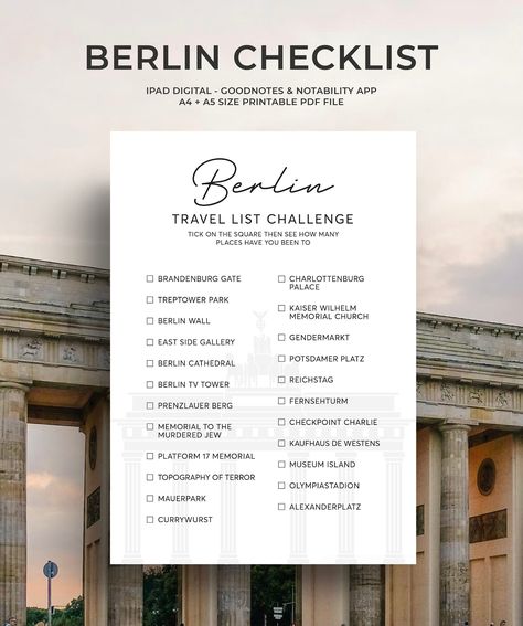 Use this Berlin Travel Checklist to plan your vacation and then take it on your trips to tick off all the big name places during your travels. THIS LISTING IS FOR A DIGITAL DOWNLOAD - NO PHYSICAL ITEMS WILL BE SENT. YOU WILL GET THE FILE AND PRINT IT YOURSELF PDF format (editable and printable) Files included for print all 4 files - A5 - A4 HOW TO USE 1. Purchase this listing 2. After several minutes of purchasing, you will be taken to the downloads page on Etsy.com. Please allow 5-10 minutes fo Berlin Checklist, Berlin Travel Guide, Berlin Bucket List, Berlin Itinerary, Name Places, Checklist Travel, Berlin Travel, Travel Infographic, List Printable