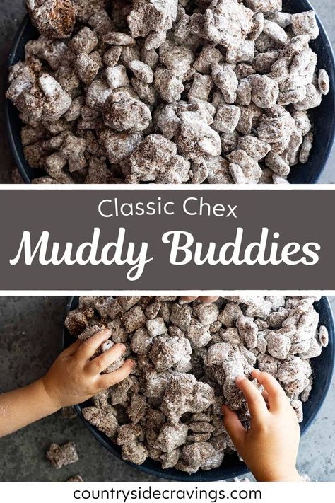 Muddy Buddies or Puppy Chow is a classic dessert made with Chex Cereal! This irresistible snack combines crunchy Chex coated in a blend of chocolate, peanut butter, and powdered sugar, perfect for snacking and dessert time. Muddy Buddies Recipe Original, Pistachio Muddy Buddies, Sweet Checks Mix Recipes, Original Puppy Chow Chex Mix Recipe, Chex Puppy Chow Recipe, Easy Sweet Snack Recipes, Puppy Chow Chex Mix, Puppy Chow Chex, Muddy Buddy Recipe