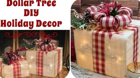 Christmas Light Box Ideas, Outdoor Present Boxes Diy, Gift Box Decorating Ideas, Light Up Christmas Presents, Outdoor Christmas Presents, Lighted Christmas Boxes, Diy Christmas Box, Christmas Boxes Decoration, Christmas Present Decoration