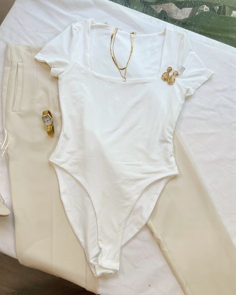 White Crew Neck Bodysuit: Size Small available 🤍 Cream Trousers: XS & Large available (material doesn’t stretch). Pants is more cream that appears. Ivory Clear Block Heels: 7.5/8 available Cream Trousers, Clear Block Heels, White Crew Neck, Block Heels, Trousers, Crew Neck, Cream, White, Heels