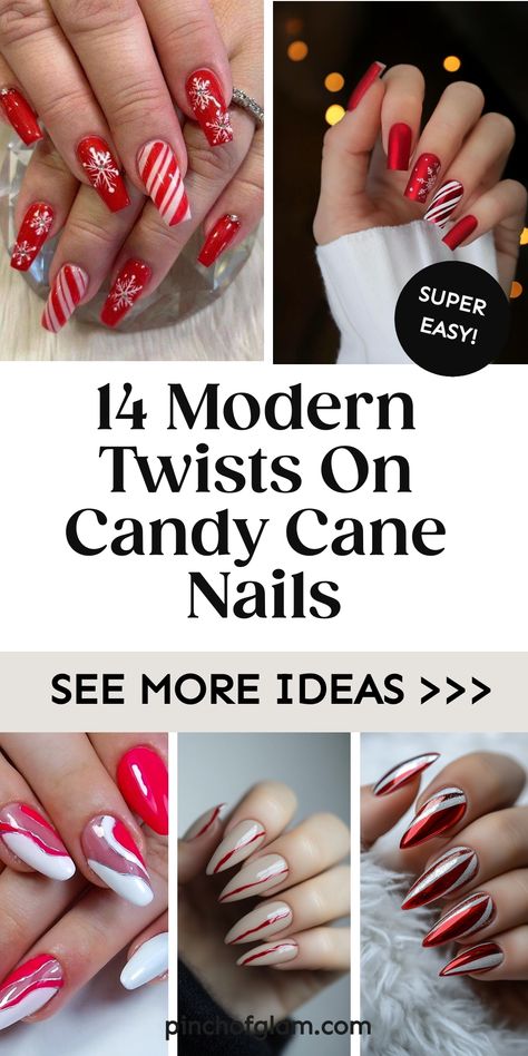 Get festive this holiday season with these adorable candy cane nails! 🎄🍭 Stand out at your next Christmas party with this fun and easy nail design. Perfect for adding a touch of whimsy to your winter wardrobe. Show off your holiday spirit with these sweet candy cane nails. Get inspired and try this cute nail art today! Nail Ideas For Holiday, Candy Cane Nail, Nail Polish Style, Xmas Nail Designs, January Nail Designs, Festive Manicure, Candy Cane Nails, Gold Candy, Nail Candy