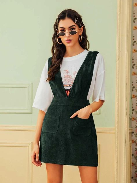 Corduroy Overall, Corduroy Overall Dress, Dresses Shein, Deep V Neck Dress, Casual Party Dresses, Skirts Women, Green Corduroy, Corduroy Dress, Suspender Dress