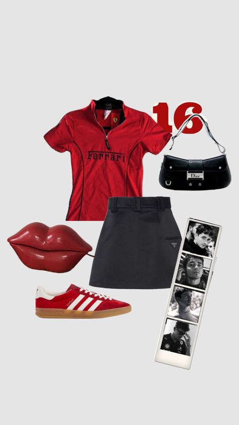 #ferrarif1 #charlesleclerc #outfitinspo #formula1 #redandblack Trendy Outfits Edgy, Race Outfit, Race Day Outfits, Trip Outfits, Trendy Summer Outfits, Football Outfits, Girls Fashion Clothes, Dream Clothes, College Outfits