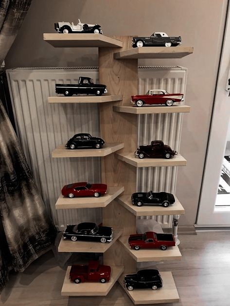 Hot Wheels Cars Display, Hobby Room Design, Car Model Display, Diecast Cars Display, Hot Wheels Storage, Hot Wheels Room, Hot Wheels Display, Wooden Desk Organizer, Stair Railing Design